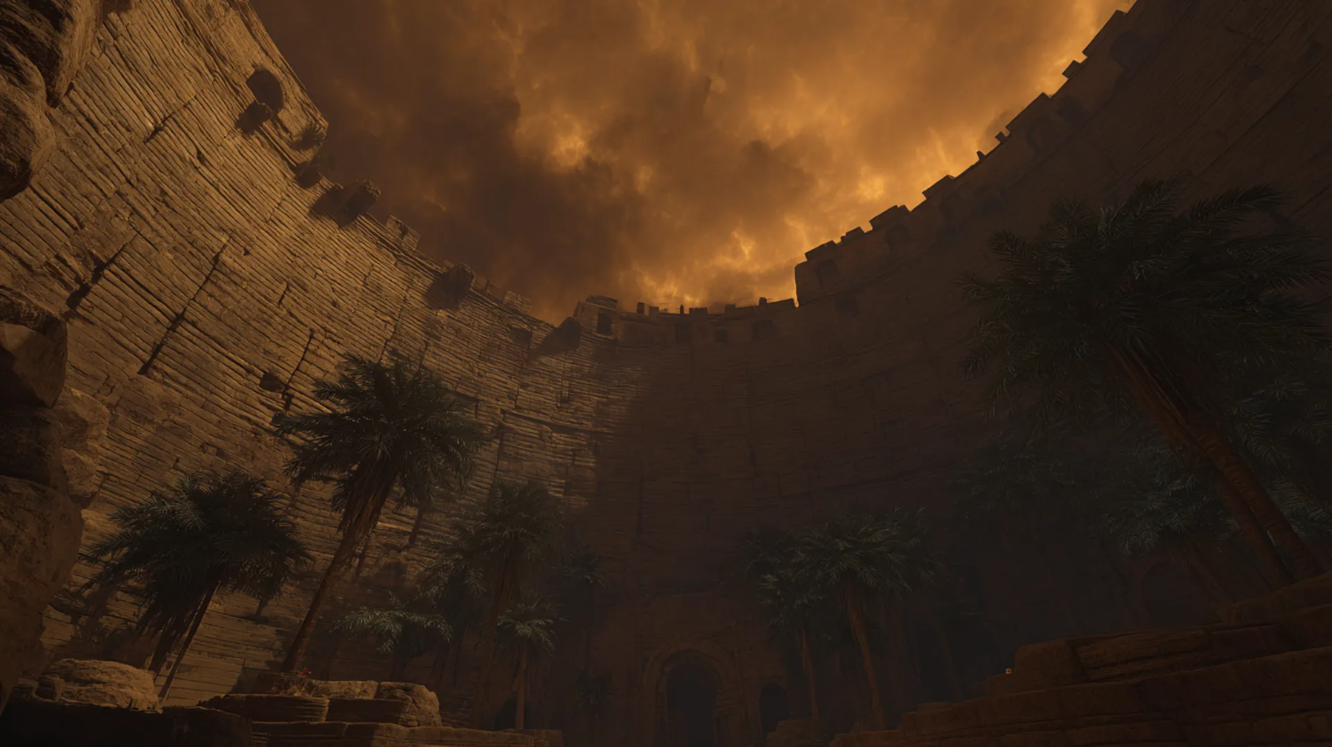 An ancient stone fortress surrounded by burning date palm groves at dusk, smoke rising against a deep amber sky in a desolate Arabian landscape