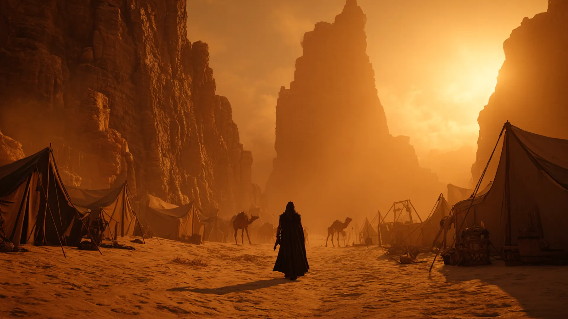 A lone figure walks freely through a vast desert camp at golden dawn, silhouetted tents and camels stretching to the horizon under an amber sky
