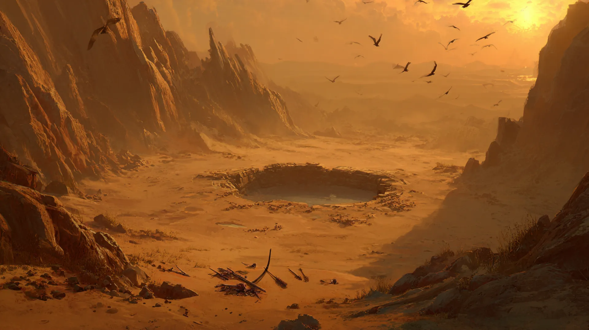 Aerial view of a desolate desert well at dawn surrounded by rocky hills, with vultures circling overhead and scattered arrows on the sand