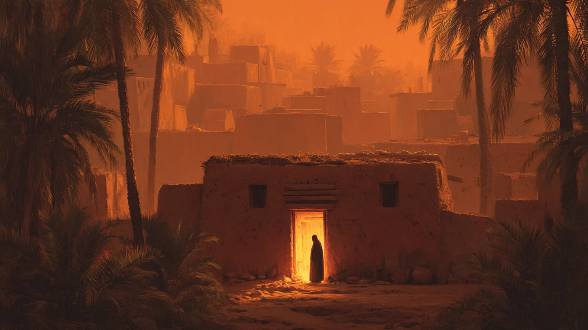 A modest clay house in ancient Madinah at dusk, warm lamplight glowing from the doorway beneath date palms, evoking intimacy and shelter in the early Muslim community