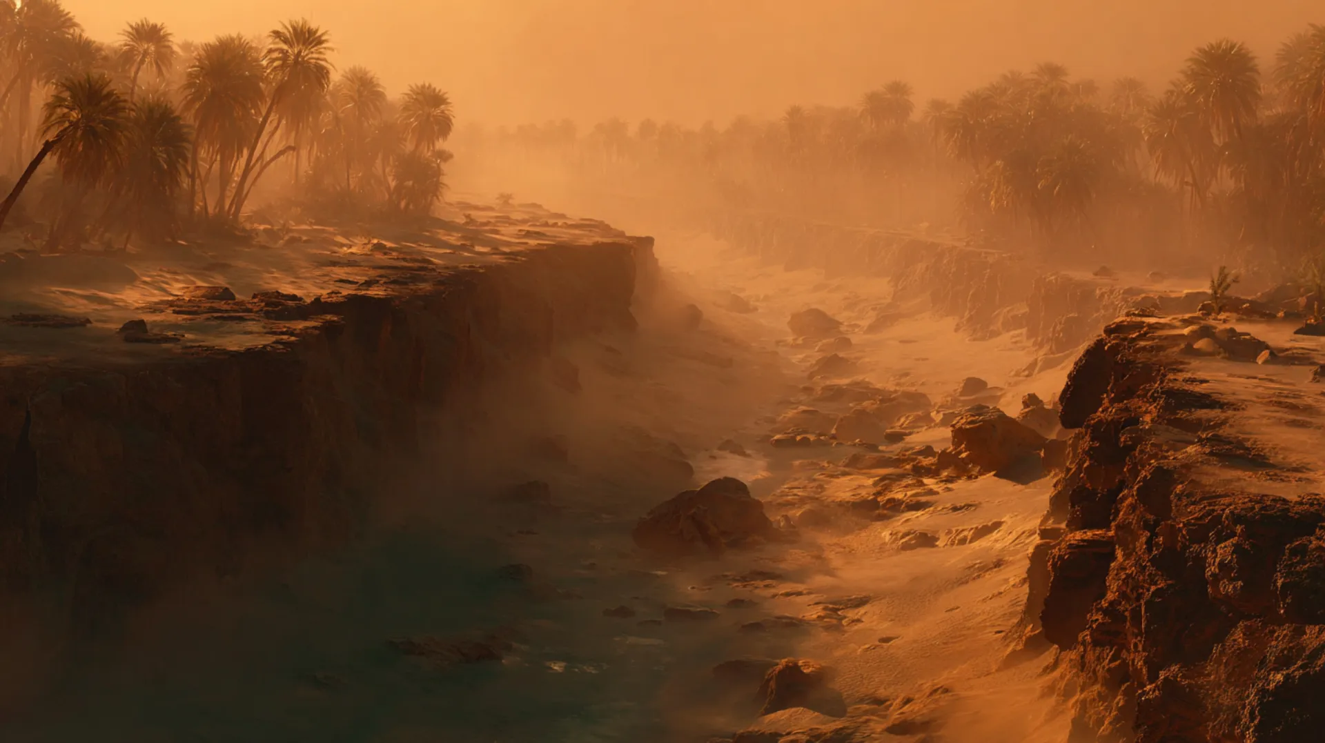 Aerial view of a long trench cut into barren Arabian earth at golden hour, with tiny worker silhouettes along its length and volcanic rocks flanking both sides