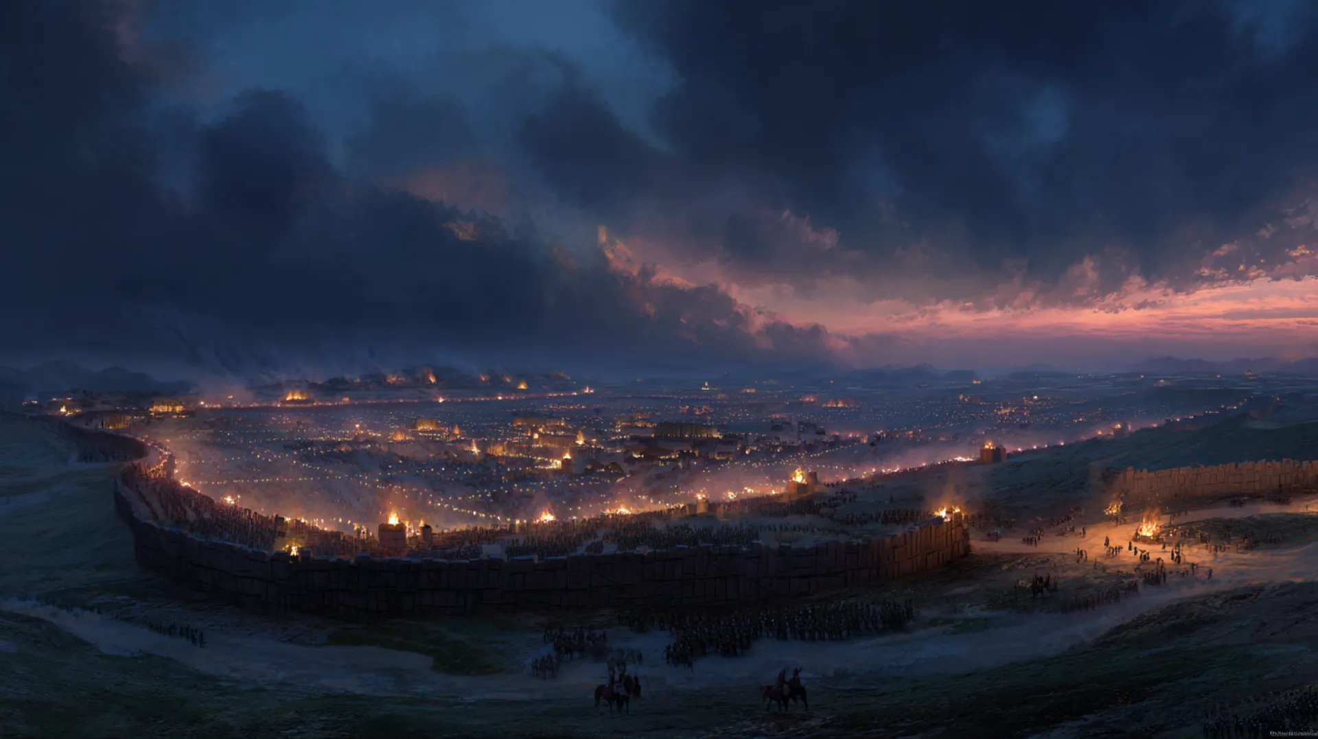 Aerial view of a long trench cutting across desert terrain at dusk with flickering torchlight along its walls and storm clouds gathering on the distant horizon