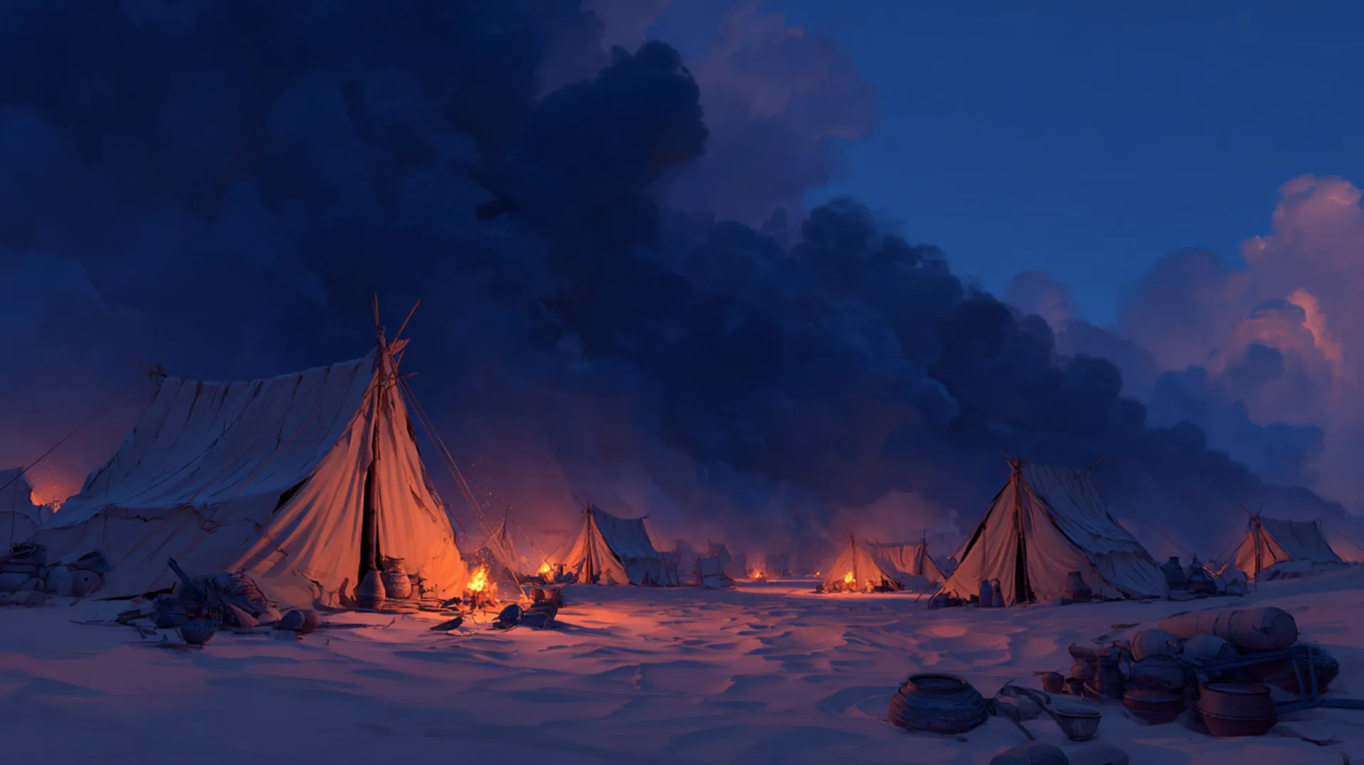 A violent sandstorm tears through a 7th-century Arabian military encampment at night, scattering tents and extinguishing campfires under dark thunderclouds