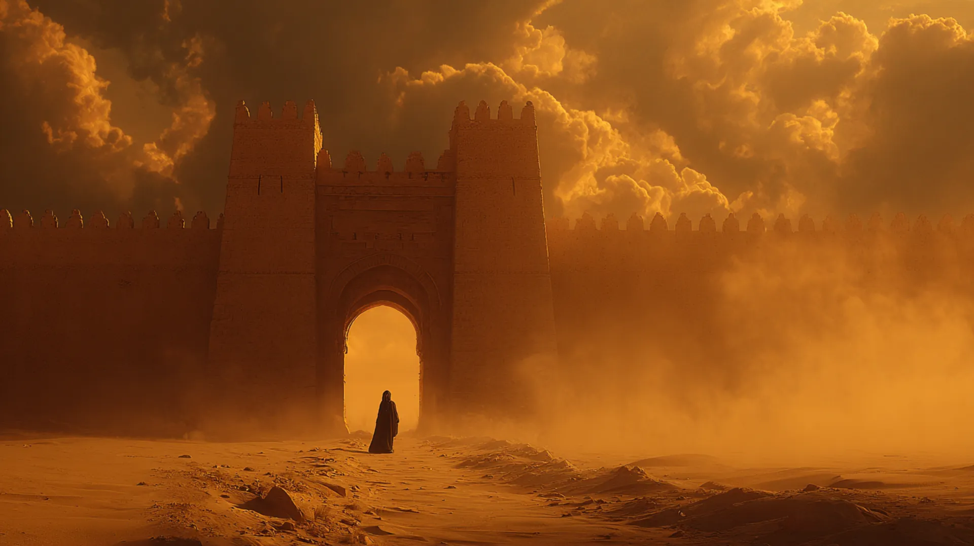 A lone figure stands at the gate of a distant walled desert city at dawn, a long caravan trail stretching across the sandy landscape under dramatic golden light