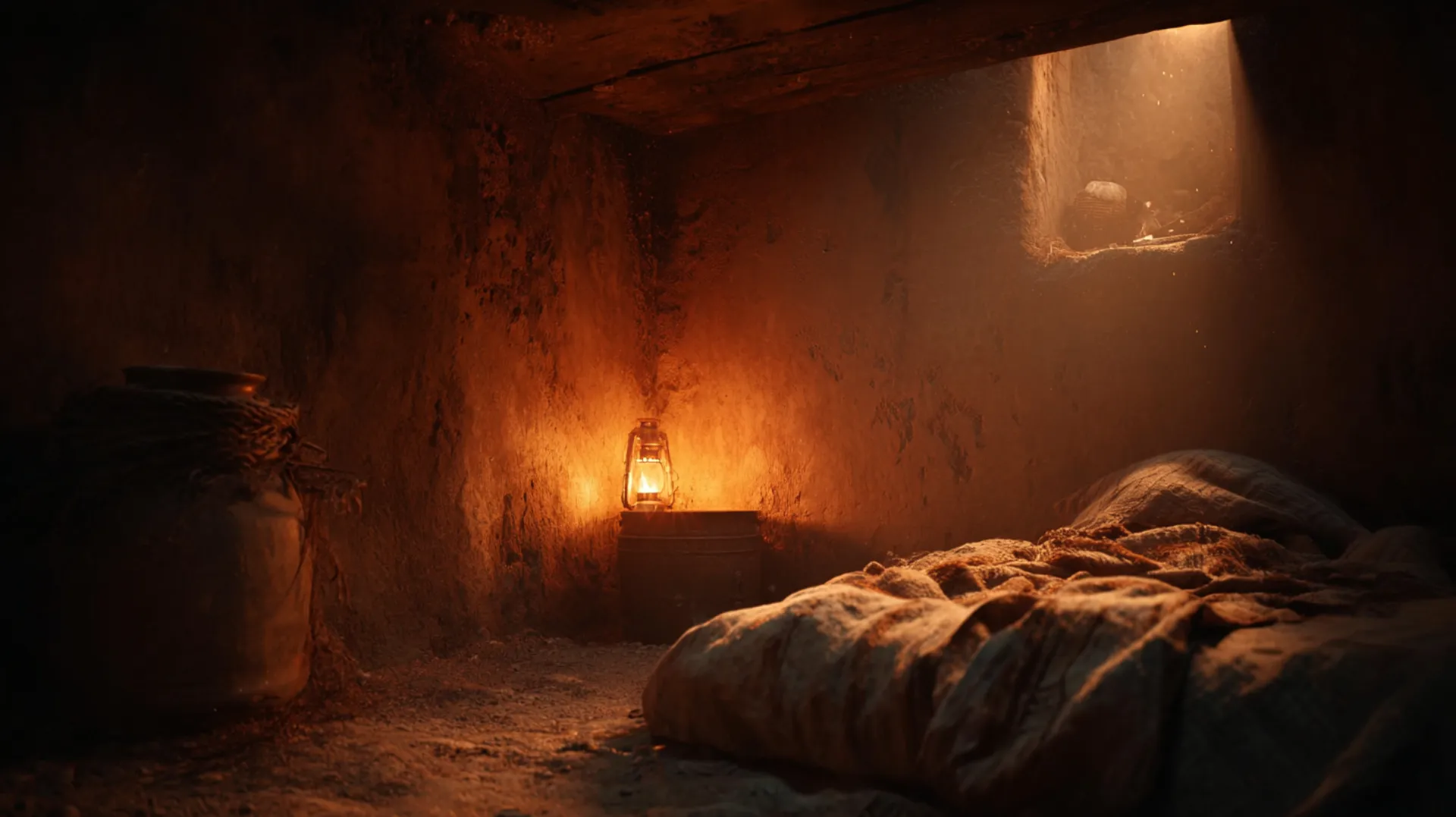 A dimly lit 7th-century Arabian room at night with a single oil lamp illuminating an empty bed and bare earthen walls, evoking solitude and grief