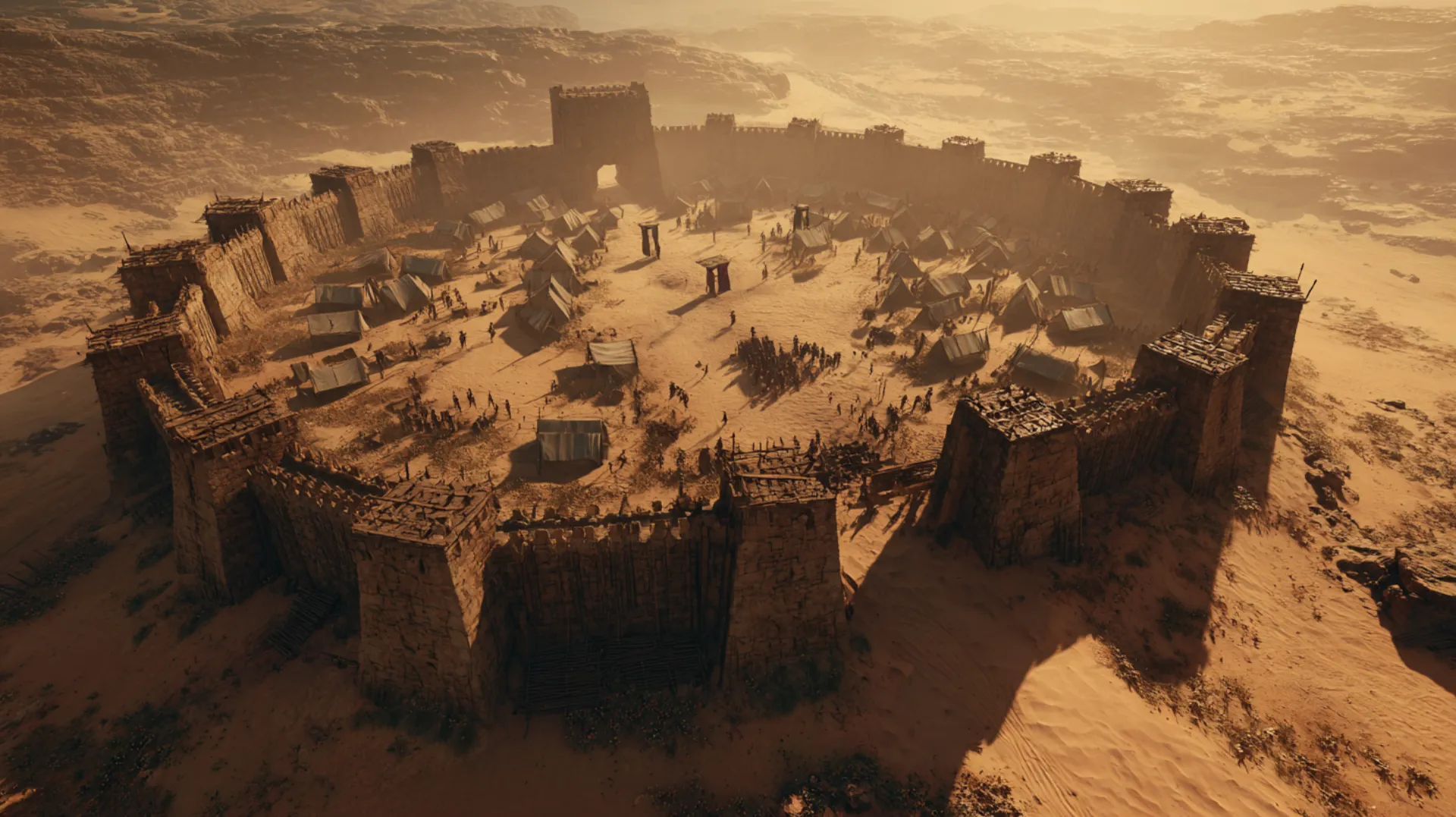 Aerial view of a 7th-century desert fortress surrounded by military encampment at dusk, a lone battle banner catching the fading amber light against an indigo sky