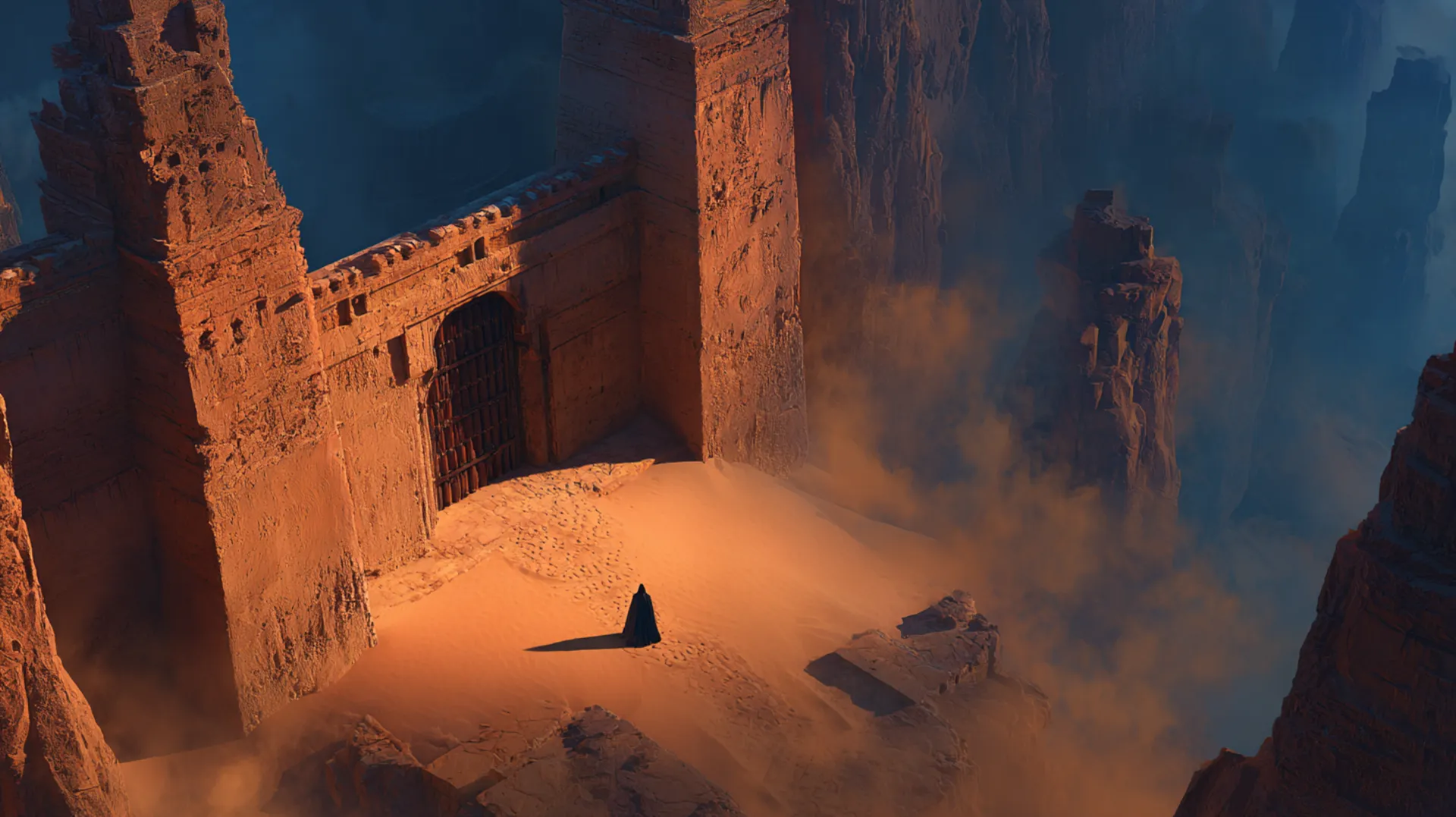 Aerial view of a fortified desert oasis at twilight, with massive stone walls glowing amber and a lone figure approaching the closing gate as long shadows stretch across the sand