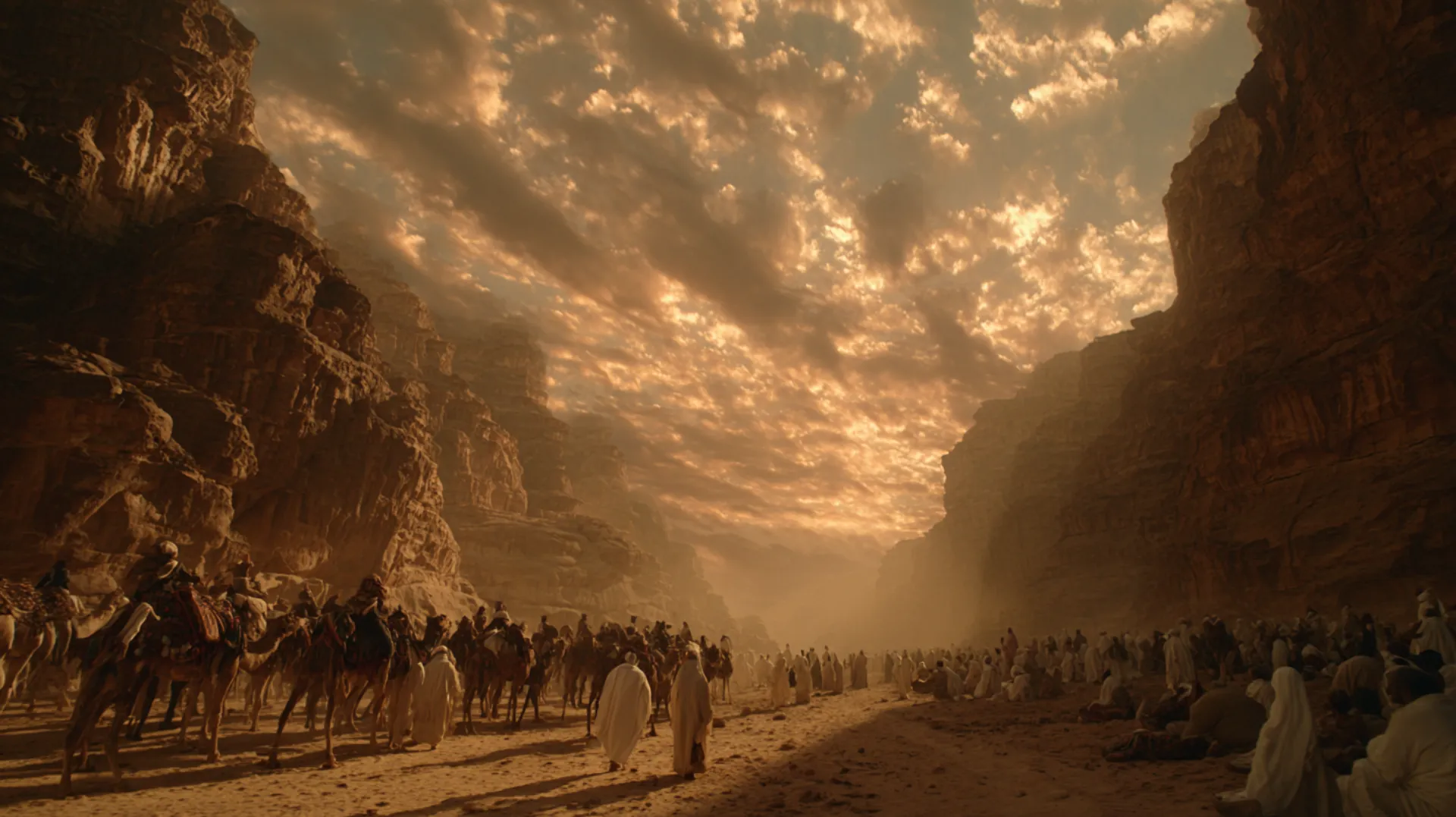 A vast desert valley at golden hour filled with hundreds of garlanded sacrificial camels, with distant white-robed pilgrims visible among the rocky terrain