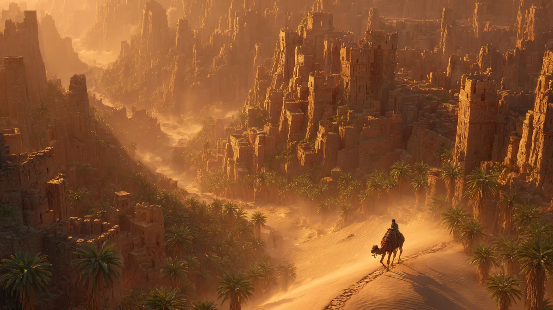 Aerial dawn view of an ancient oasis settlement with date palm groves, sandstone fortress walls, and a camel caravan departing along a desert road