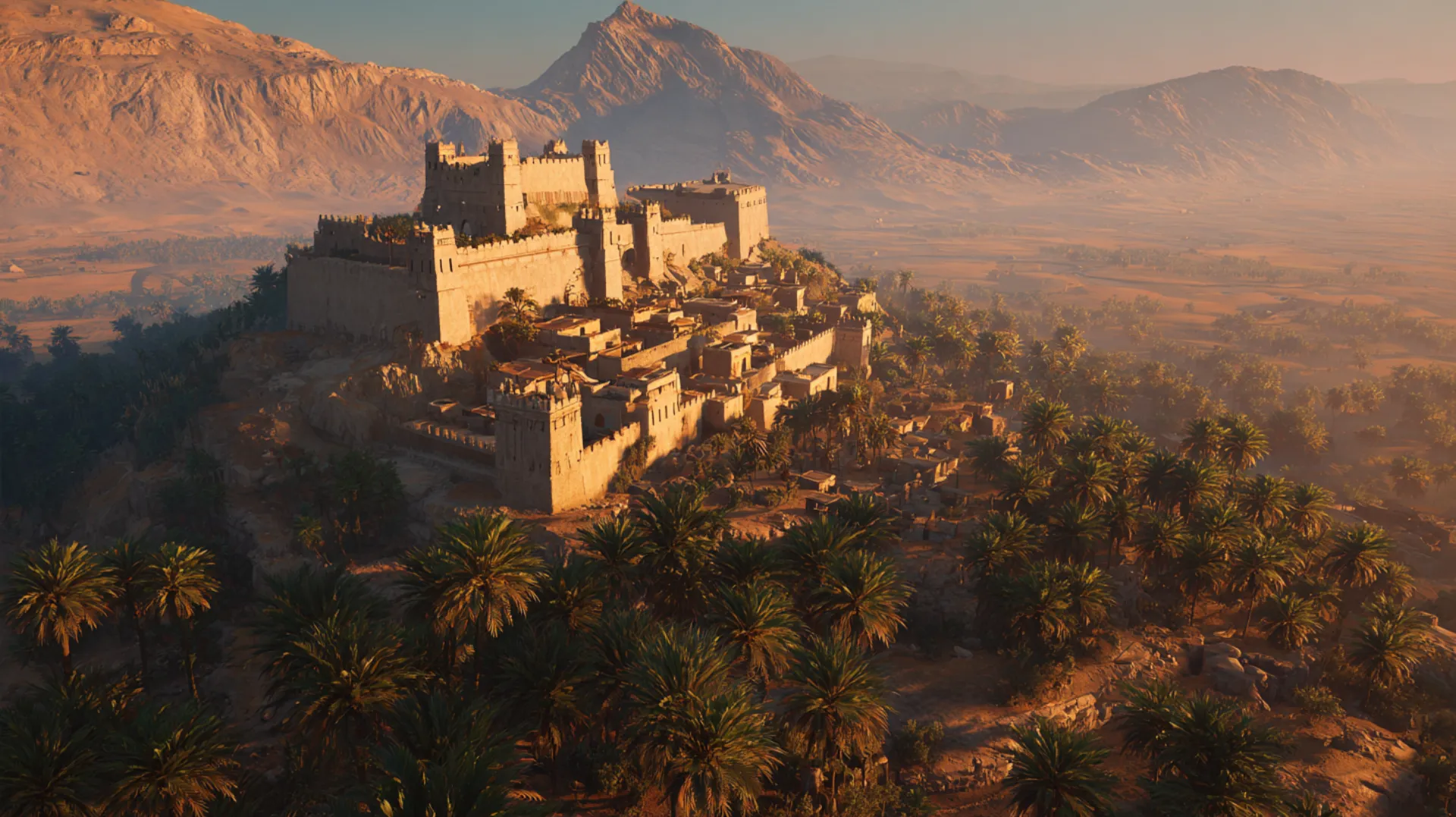 Aerial view of ancient stone fortresses surrounded by date palm orchards at dawn, golden light breaking over desert mountains with dust rising from the plains