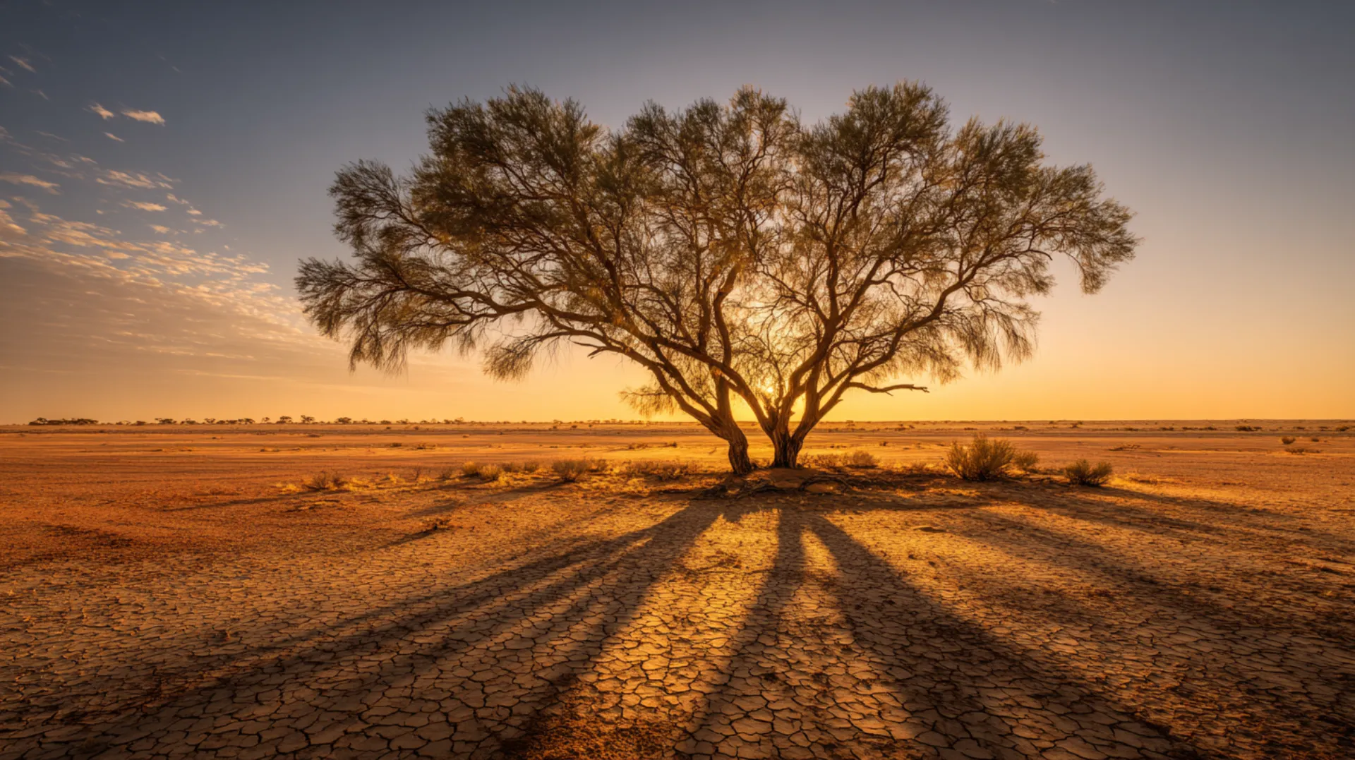A lone acacia tree on a vast desert plain at golden hour, with shadowy figures gathered beneath its canopy and dramatic clouds overhead