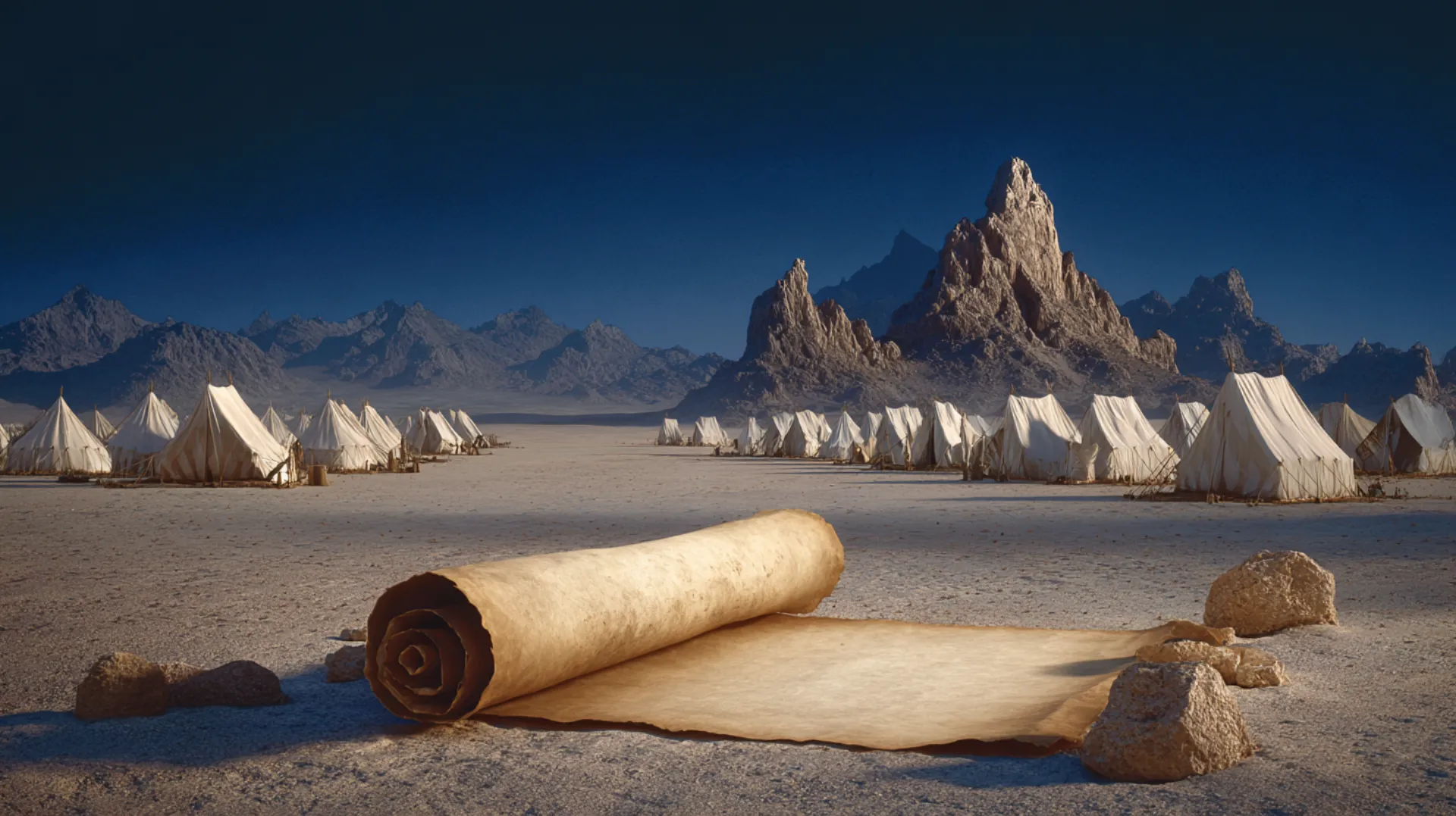 A desert encampment at dusk with white tents spread across an arid plain, a parchment scroll in the foreground, and distant mountains silhouetted against an amber and indigo sky