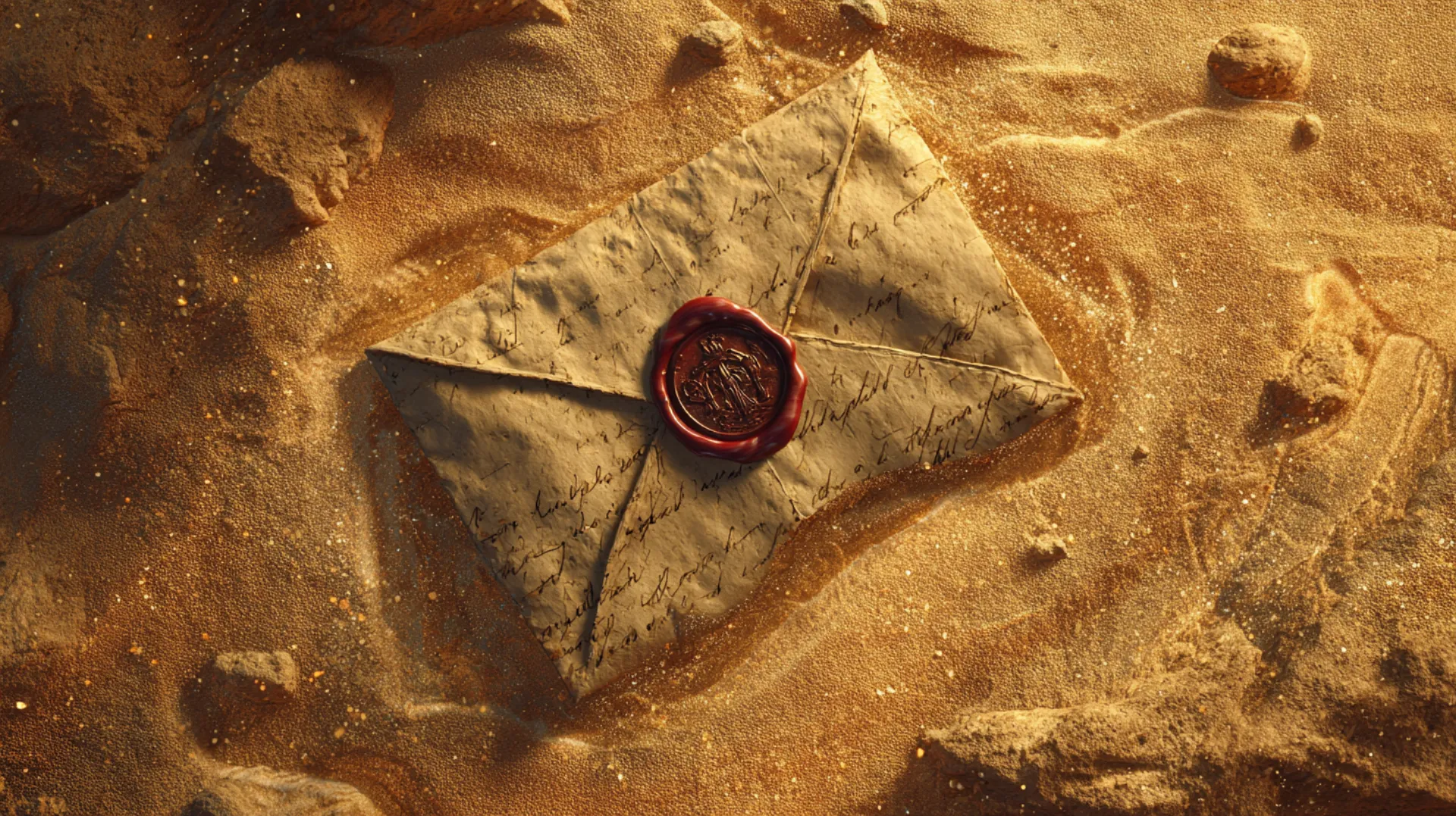 A sealed parchment letter with a red wax stamp rests on weathered sandstone at golden hour, with a desert trade route stretching into the amber horizon
