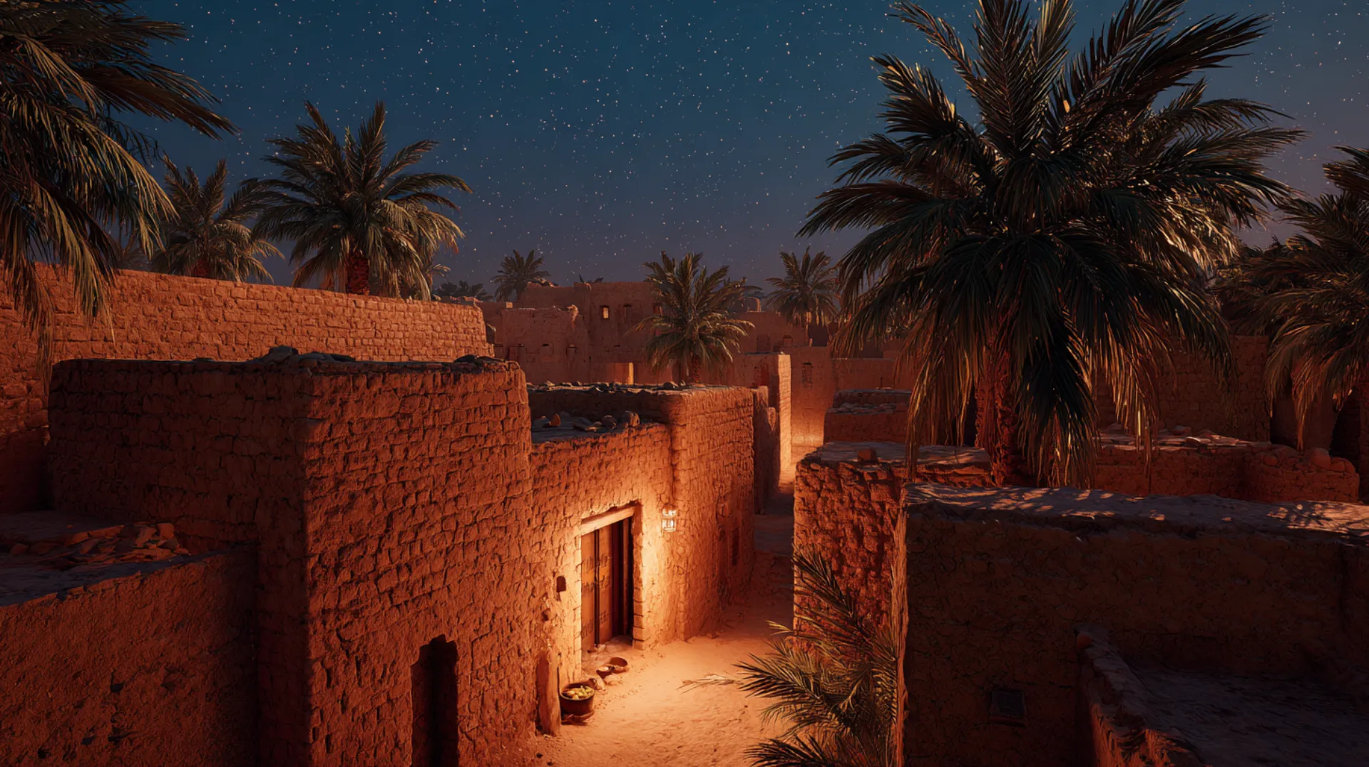 Twilight aerial view of ancient Madinah with amber lamplight glowing from a single open doorway in a sandstone alleyway, date palms and an indigo sky above