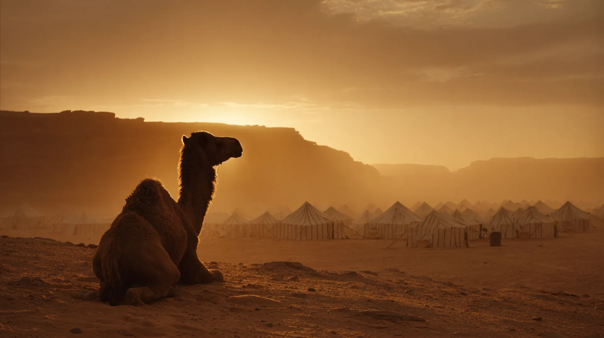 A camel kneeling on a vast desert plain at dusk, with distant city walls on the horizon and scattered pilgrim tents, bathed in golden light