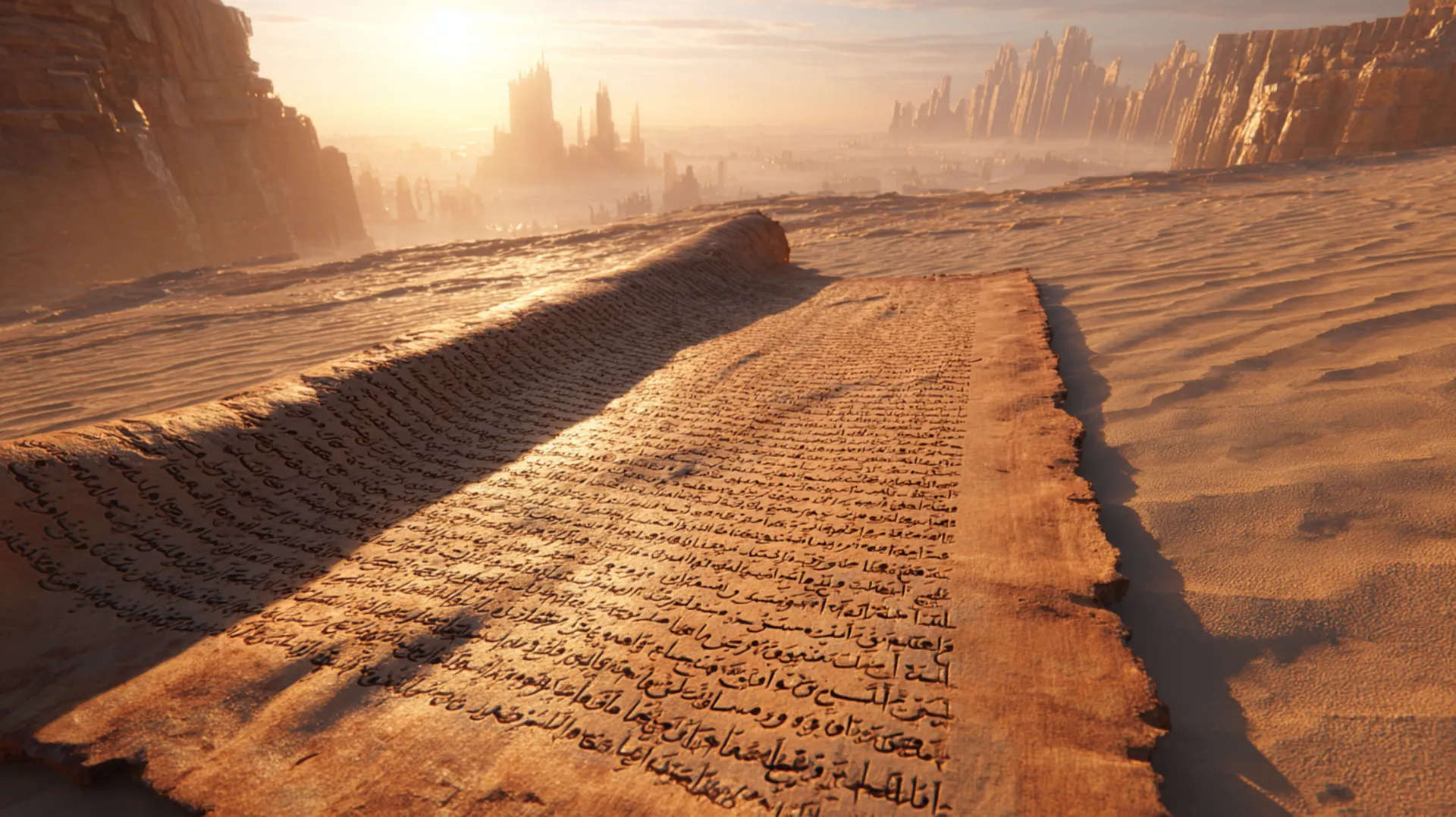 An ancient parchment scroll unfurling across desert sandstone at golden hour, with distant fortress silhouettes on the horizon and dramatic amber light.