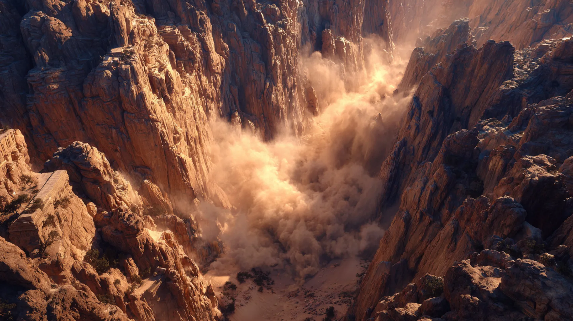 Aerial view of a vast army column entering a narrow desert valley at dawn, steep sandstone canyon walls casting deep shadows on both sides