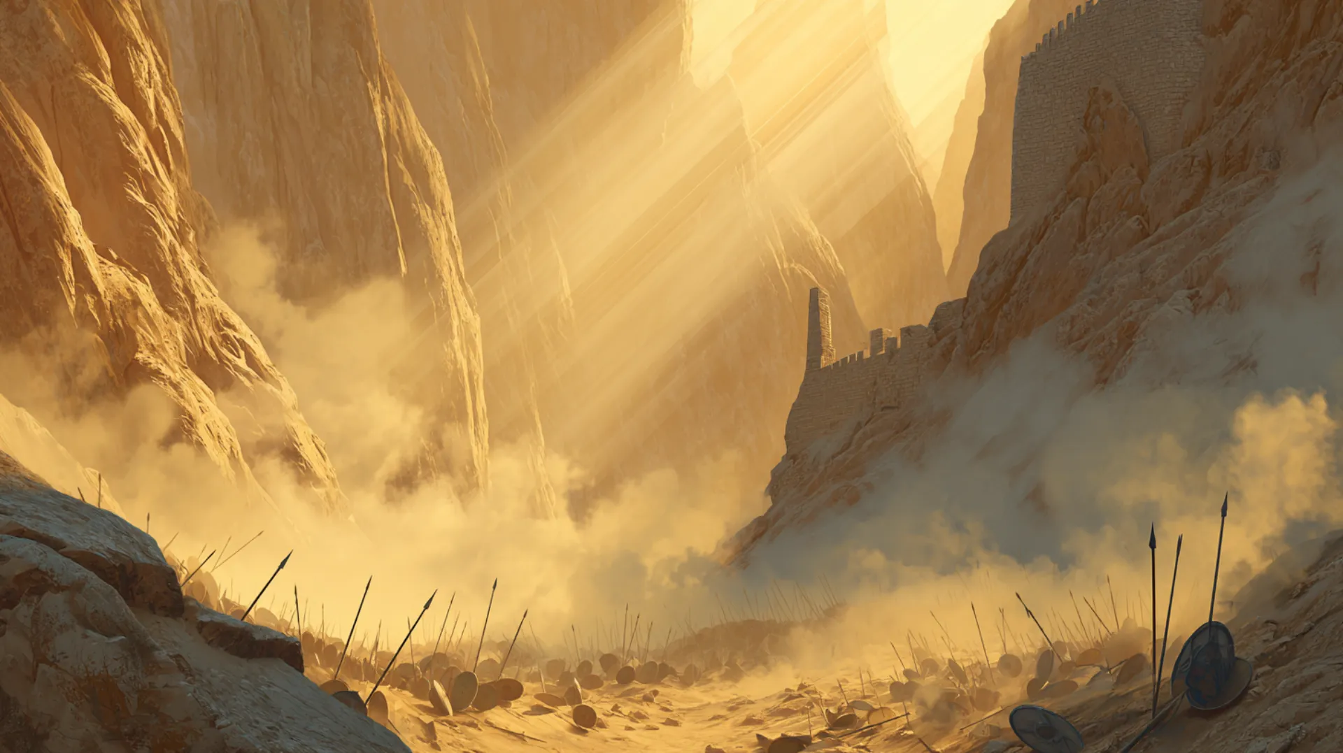 A narrow desert valley between towering sandstone cliffs at dawn, dust swirling in golden light shafts, scattered weapons suggesting the aftermath of battle