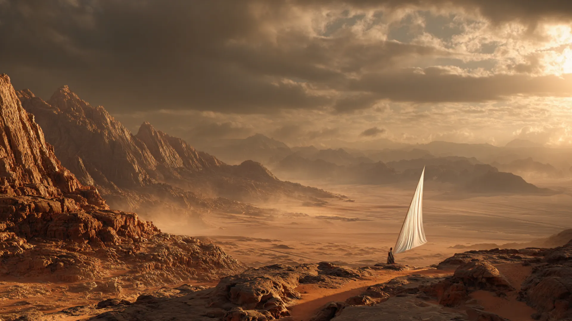 A lone white banner planted in rocky Jordanian terrain billows against a dramatic golden-hour sky with distant mountains on the horizon