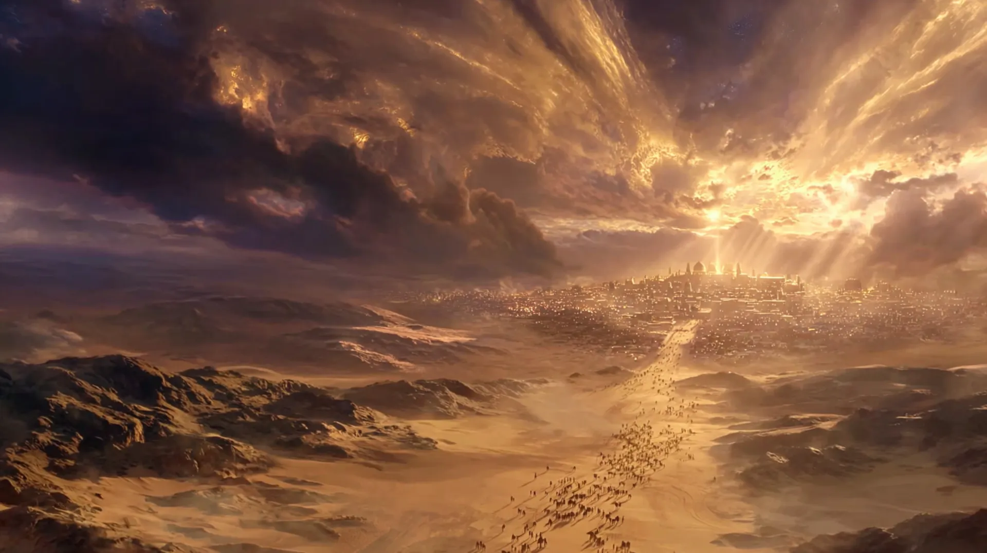 Aerial view of desert caravan trails converging toward a distant walled city glowing amber at twilight beneath dramatic clouds
