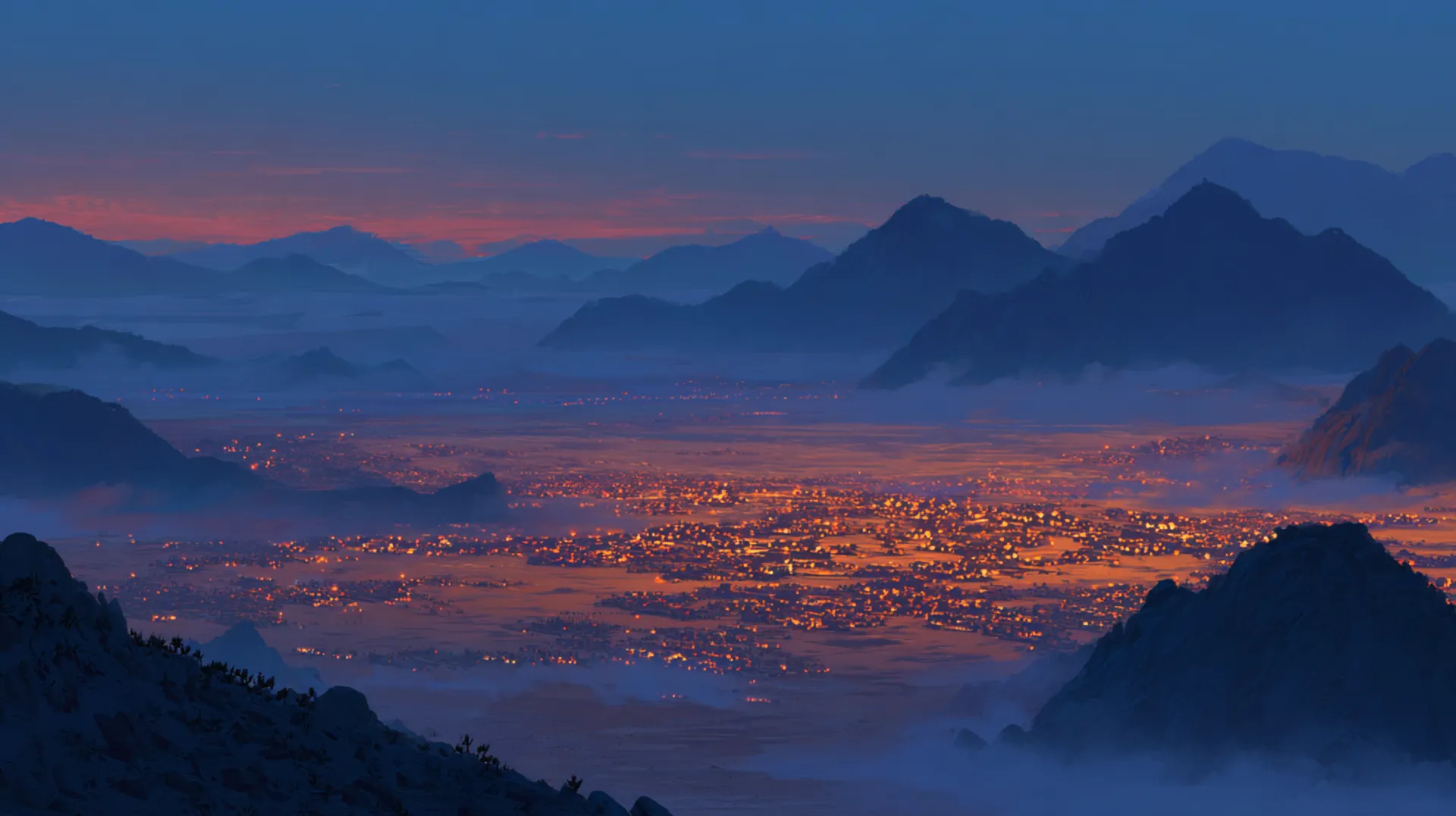 Thousands of campfires scattered across a vast desert plain at twilight, with distant mountain silhouettes against an amber and indigo sky