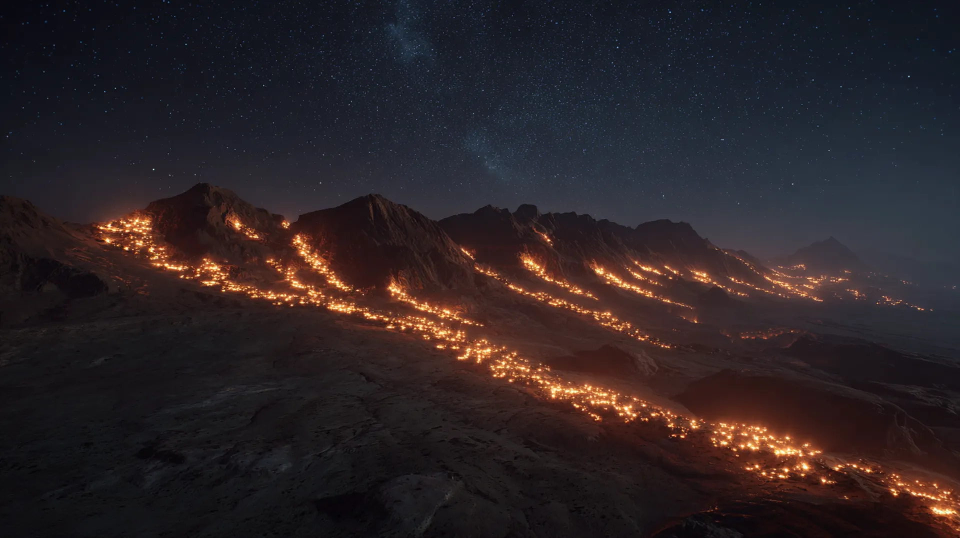 Vast desert plain at night illuminated by thousands of campfires stretching to the horizon, with dark mountain ridges silhouetted against a starlit sky