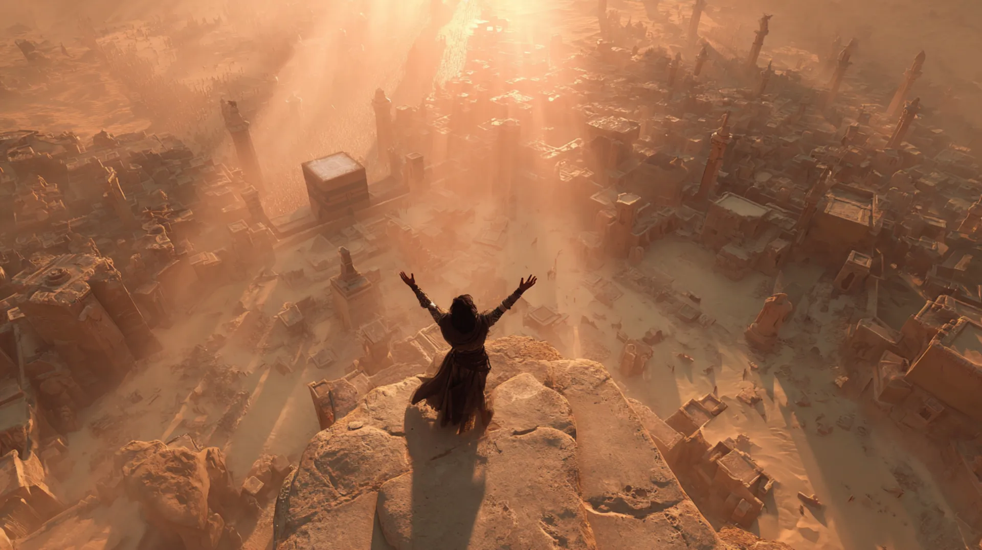 Dawn breaking over ancient Mecca with a lone silhouette standing atop the Ka'bah in the posture of the call to prayer, golden light illuminating sandstone buildings and scattered stone fragments below