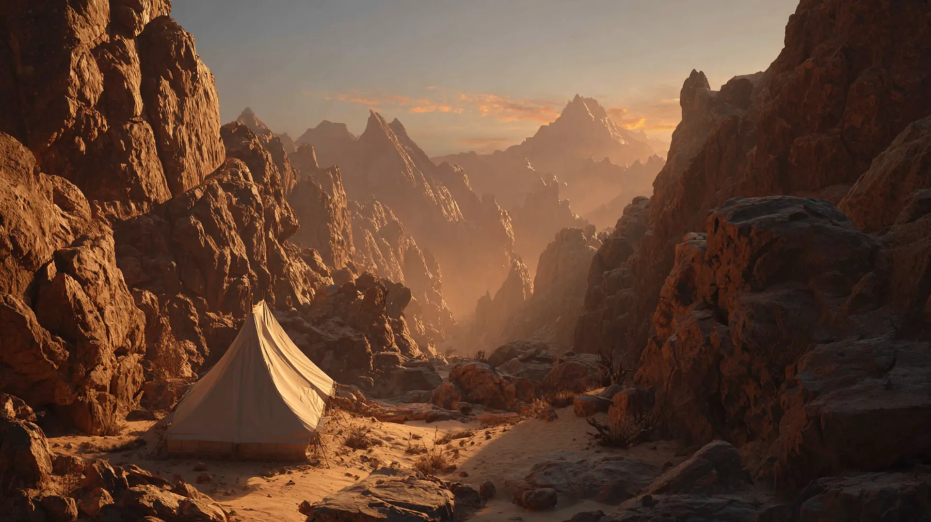 A solitary tent pitched in a rocky valley near ancient Mecca at dawn, with golden morning light breaking over distant sandstone mountains