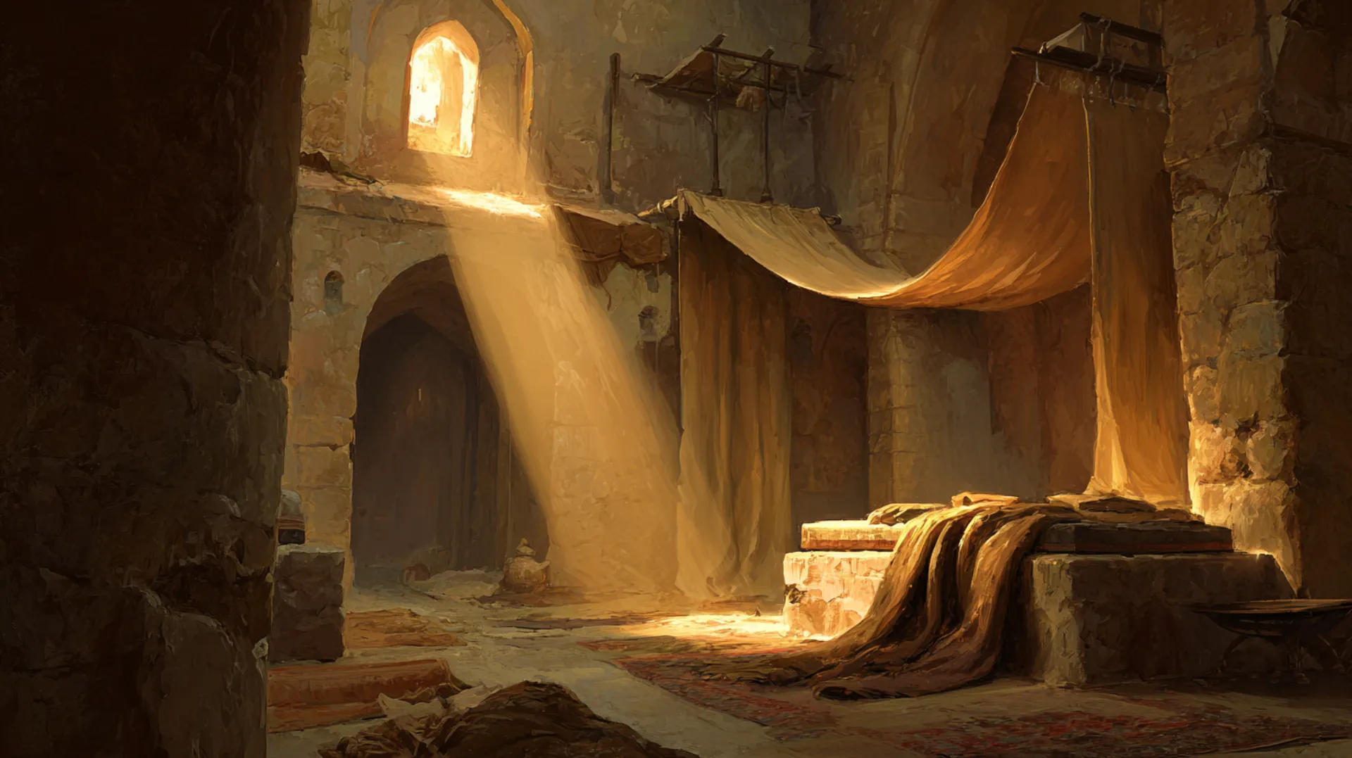 Dawn light streaming into a simple 7th-century Arabian mosque interior, illuminating a draped cloak and parchment scrolls on a stone surface