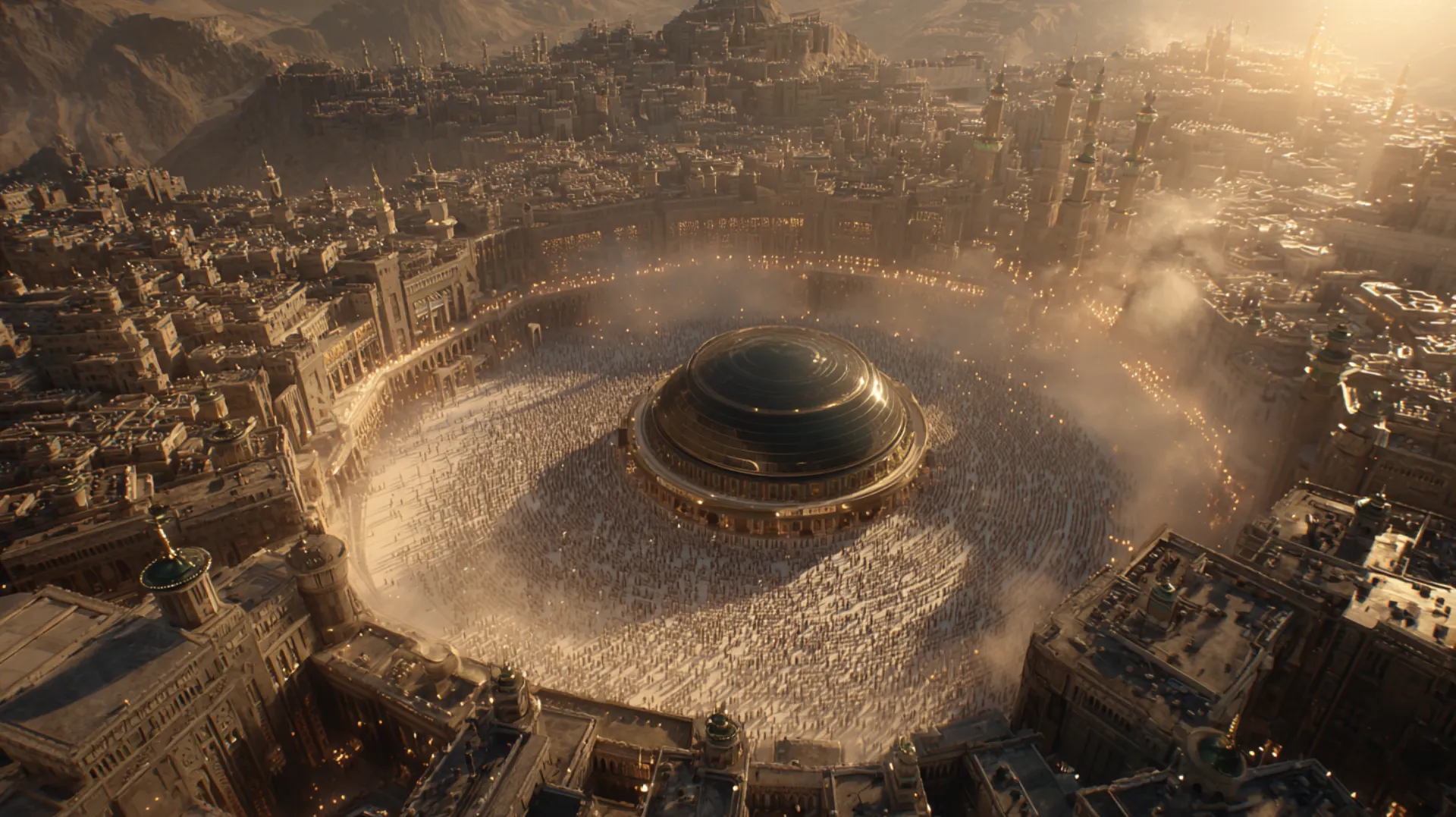 Aerial view of thousands of white-clad pilgrims circling an ancient stone sanctuary in a golden-lit Arabian city at dawn
