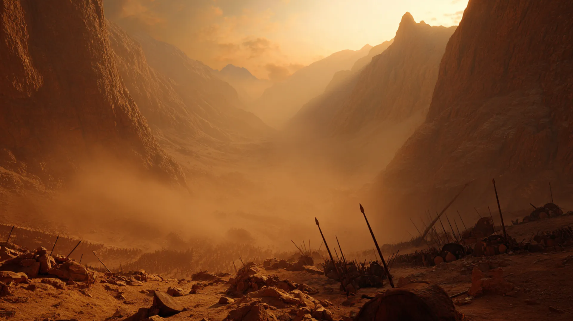 Aerial view of a narrow desert valley at dawn with scattered weapons on the ground, mountain passes flanking both sides, dust clouds catching golden light