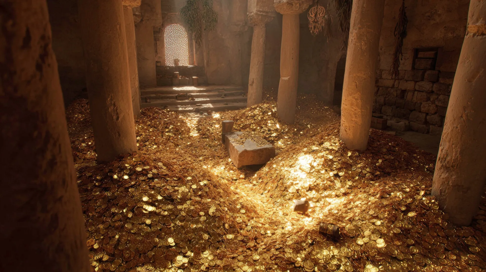 A pile of gold coins scattered on the stone floor of a simple mud-brick mosque, illuminated by warm amber light streaming through a small window