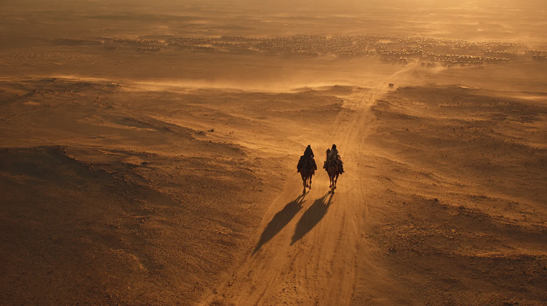 Two camels walking side by side across a vast desert at dawn, their long shadows stretching over golden sand, with a distant army encampment barely visible on the horizon