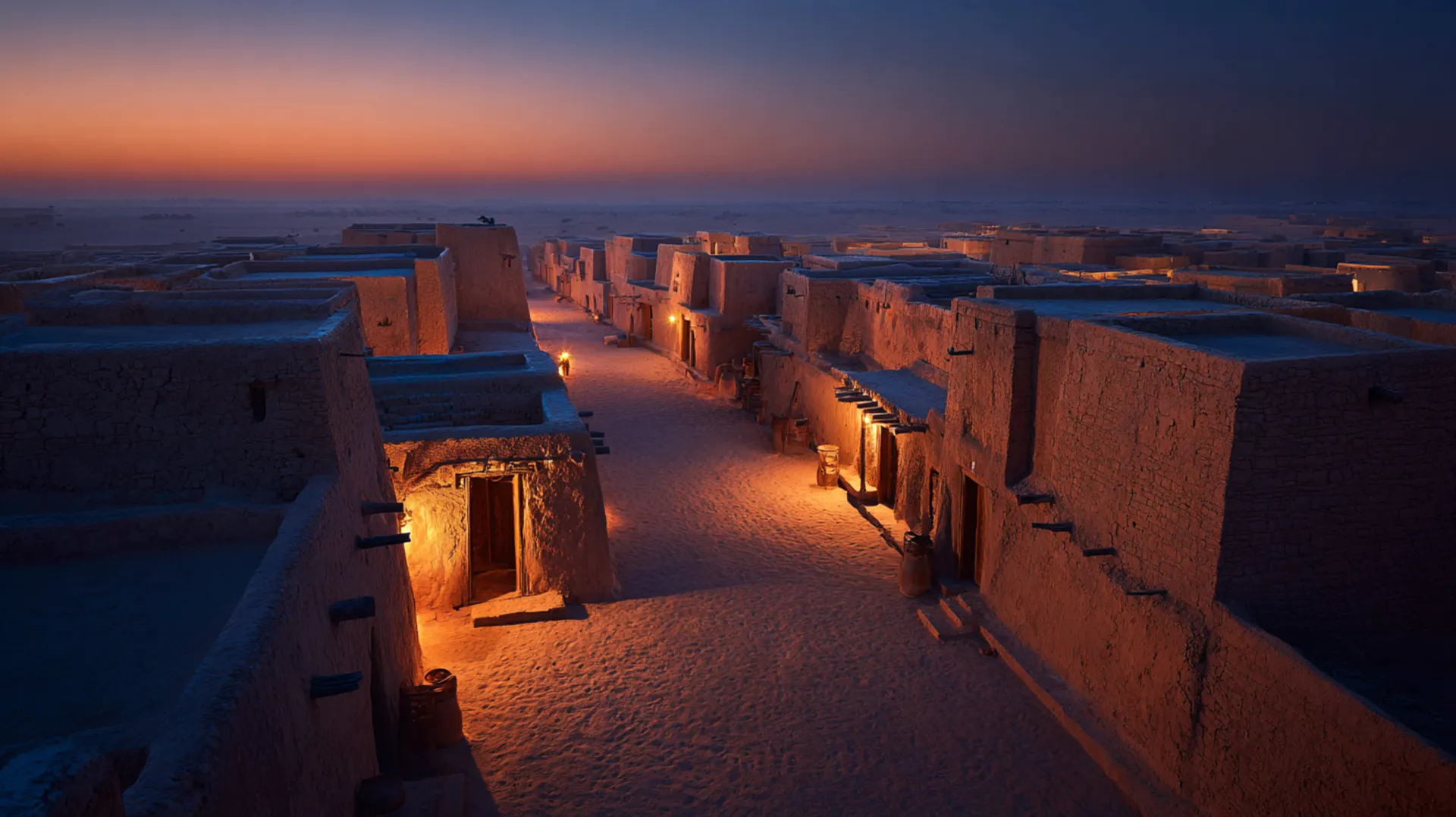 Aerial twilight view of an emptied ancient desert city with sandstone buildings, a single lamp glowing in a doorway, vast desert stretching beyond the walls