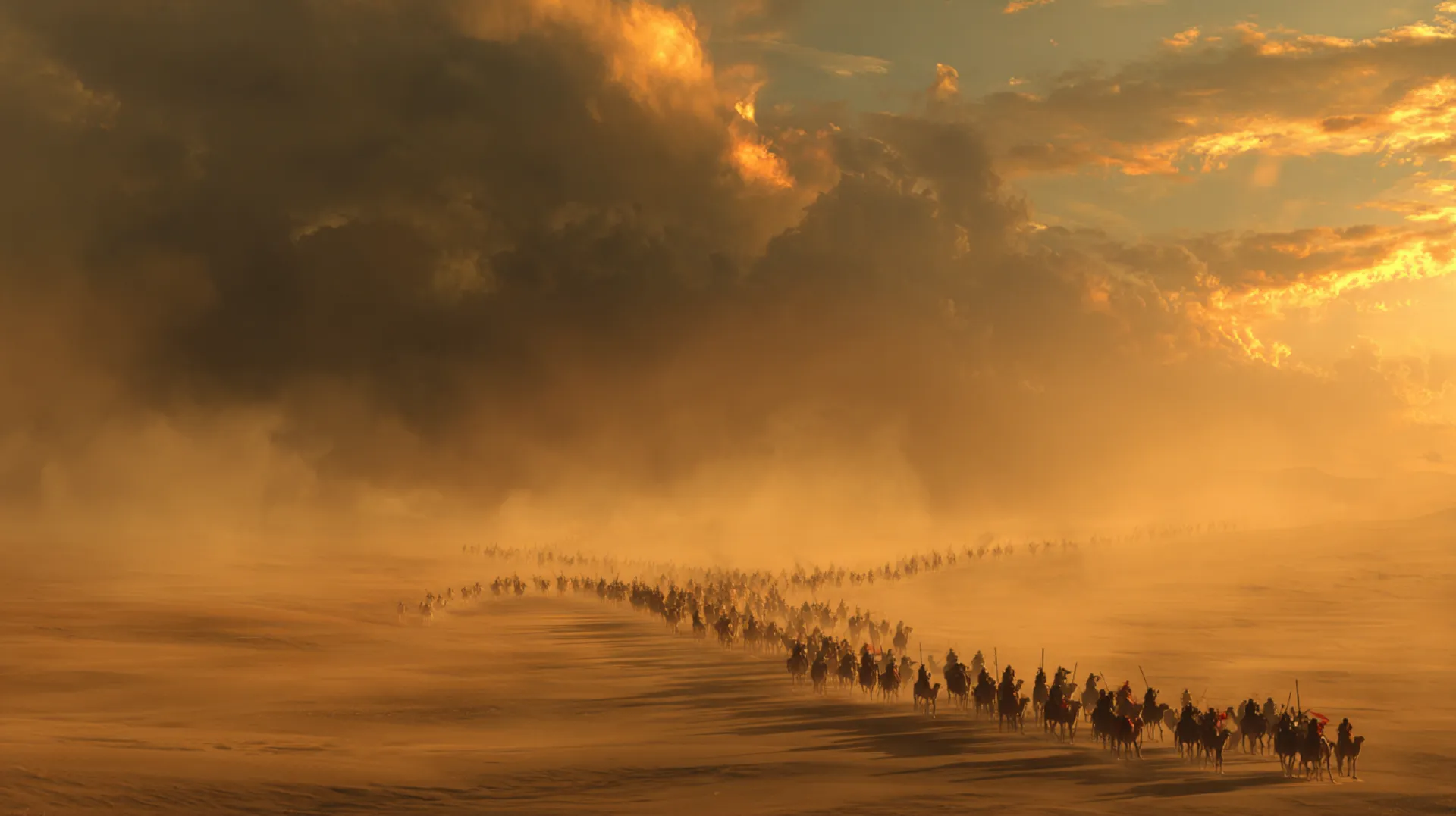 A vast desert landscape at golden hour with a long column of tiny figures and camels stretching toward the horizon under gathering clouds, dust rising from the march