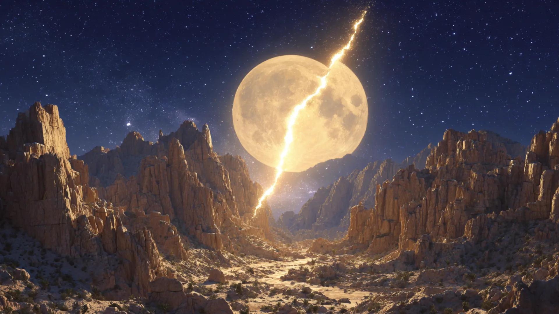 A full moon split by a luminous fissure hangs over jagged desert mountains under a star-filled indigo sky, evoking the miraculous splitting of the moon in 7th-century Arabia