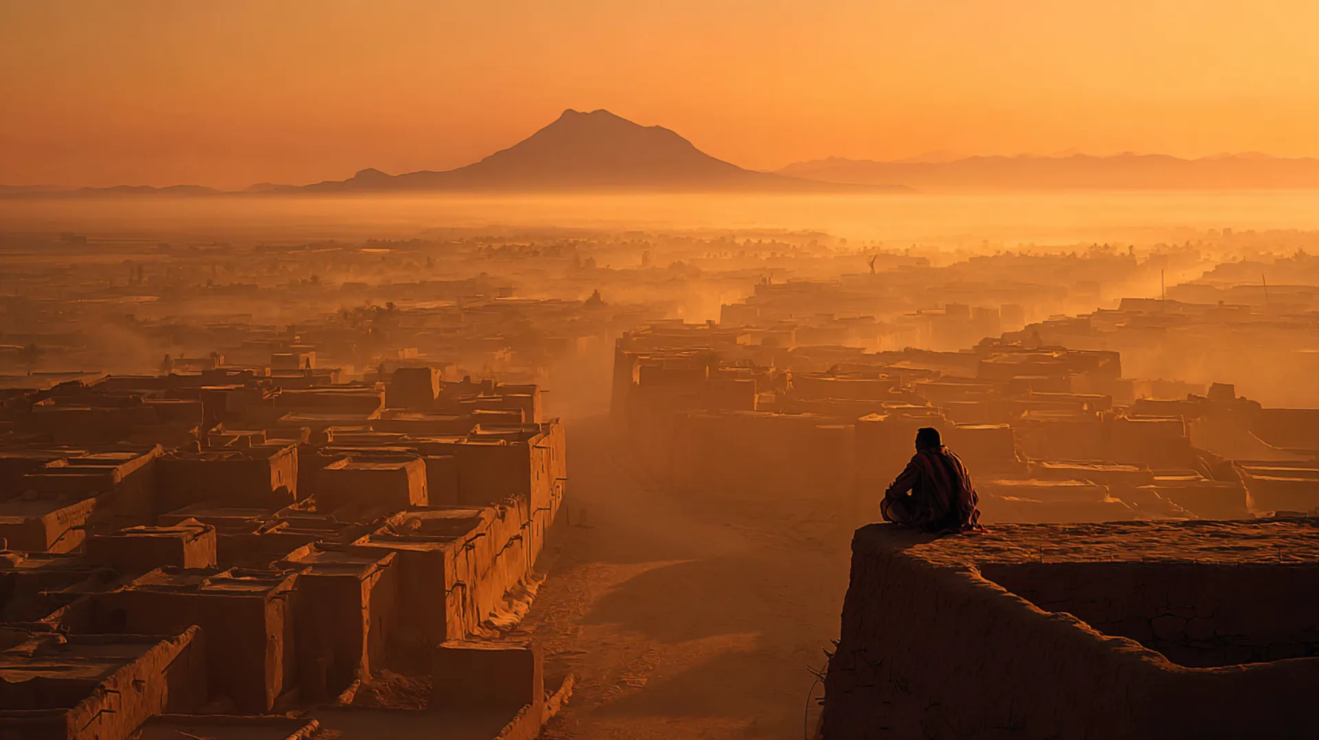 Aerial view of ancient Medina at dawn with a solitary figure prostrating on a rooftop as golden light breaks over the city and a distant mountain silhouette rises on the horizon